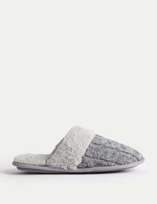 

Womens M&S Collection Cable Knit Faux Fur Lined Mule Slippers - Grey, Grey