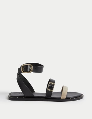 

Womens Per Una Leather Buckle Strappy Flat Sandals - Black Mix, Black Mix