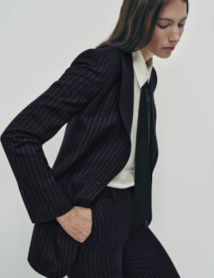 

Womens M&S X BELLA FREUD Wool-Blend Pinstripe Blazer - Navy, Navy