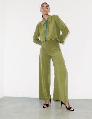 

Womens M&S X SIENNA MILLER Pure Silk Wide-Leg Trousers - Dark Green, Dark Green