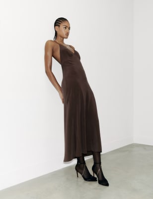 

Womens M&S X SIENNA MILLER Seam-Detail Strappy Pure Silk Maxi Dress - Brown, Brown