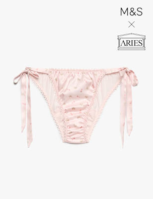 Womens M&S x Aries Pure Silk Tie Detail Knickers, Pink Mix