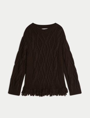 

Womens M&S Collection Crew Neck Cable Knit Fringe Jumper - Bitter Chocolate, Bitter Chocolate