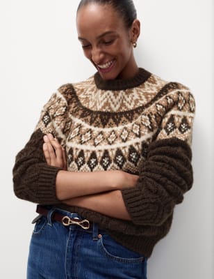 

Womens M&S Collection Fairisle Crew Neck Jumper - Brown, Brown