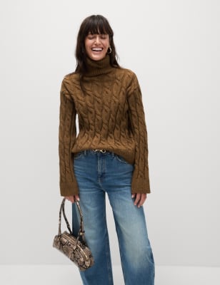 

Womens M&S Collection Cable Knit Roll Neck Jumper - Toffee, Toffee