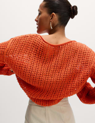 

Womens M&S Collection Cotton Blend Crew Neck Short Jumper, Marmalade