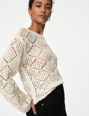 

Womens M&S Collection Pullover aus Baumwollmischgewebe mit Rautenmuster - Ivory, Ivory