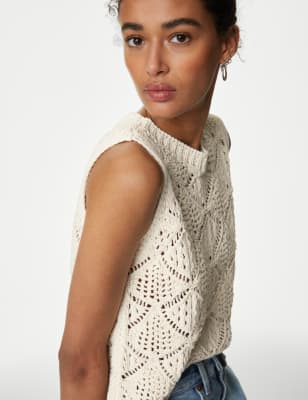 

Womens M&S Collection Ärmelloses Strickoberteil aus Baumwollmischgewebe mit Rundhalsausschnitt - Ivory, Ivory