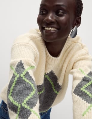 

Womens M&S Collection Gerippter Pullover mit Rundhalsausschnitt und Schottenmuster - Cream Mix, Cream Mix