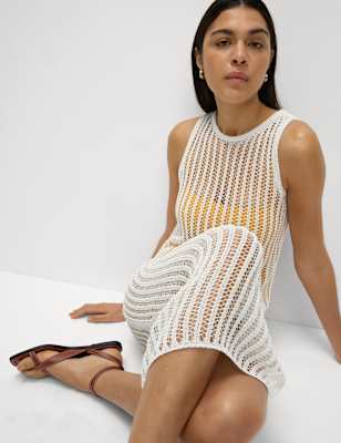 

Womens M&S Collection Textured Openstitch Midi Knitted Dress, Ivory