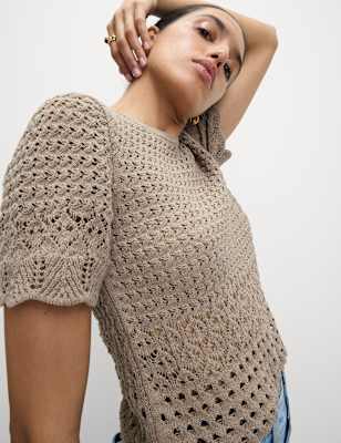 Womens M&S Cotton Blend Pointelle Scallop Edge Knitted Top, Cappuccino