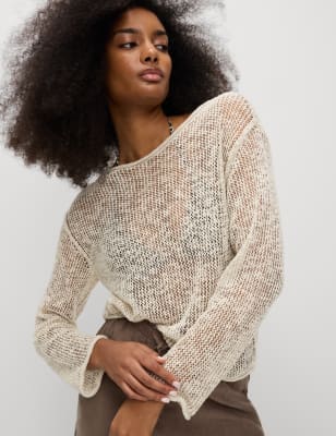 

Womens M&S Collection Pullover aus Baumwollmischgewebe mit Leinenanteil und metallisierten Fasern - Neutral, Neutral