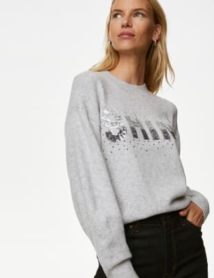 

Womens M&S Collection Sequin Slogan Crew Neck Jumper - Grey Mix, Grey Mix