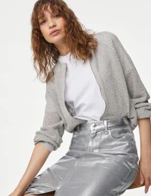

Womens M&S Collection Metallic Textured Bomber Cardigan - Silver, Silver
