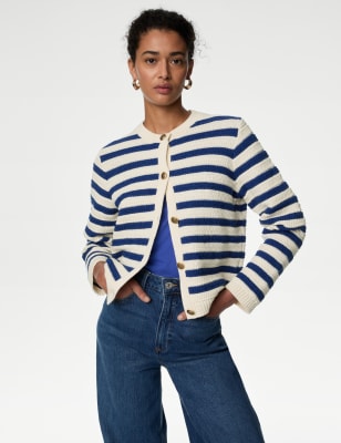 

Womens M&S Collection Cotton Rich Striped Cardigan - Blue Mix, Blue Mix