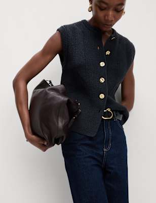 

Womens M&S Collection Cotton Rich Textured Button Through Knitted Waistcoat, Navy