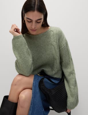 

Womens M&S Collection Cable Knit Crew Neck Jumper with Wool, Onyx