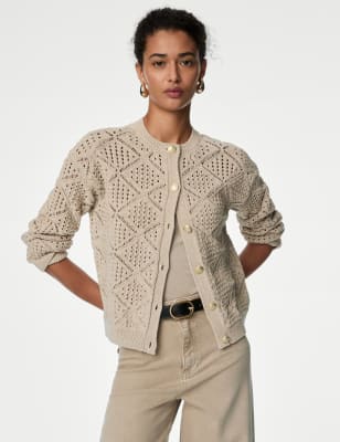 

Womens M&S Collection Pointelle-Strick-Cardigan mit Baumwollanteil - Cappuccino, Cappuccino