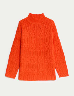 

Womens M&S Collection Cable Knit Funnel Neck Jumper with Wool - Bright Orange, Bright Orange