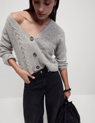 

M&S Collection Cárdigan con lana texturizado de fit holgado y cuello en picoWomens - Grey Marl, Grey Marl