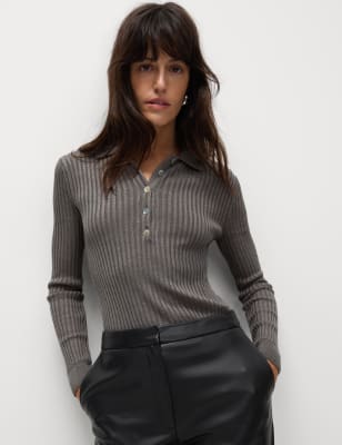 

Womens M&S Collection Ribbed Polo Neck Knitted Top - Mid Grey, Mid Grey