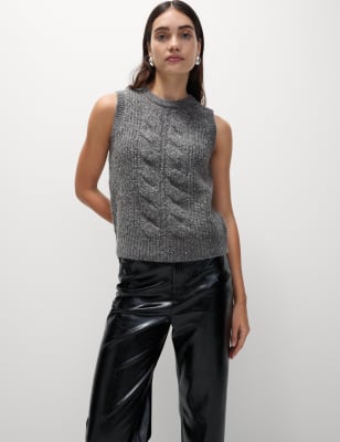 

Womens M&S Collection Cable Knit Sequin Knitted Vest with Wool - Dark Grey, Dark Grey