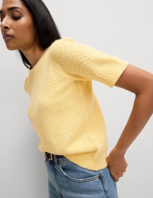 

Womens M&S Collection Schmal geschnittenes Pointelle-Oberteil mit Puffärmeln - Soft Gold, Soft Gold