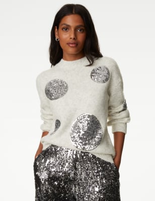 

Womens M&S Collection Recycled Blend Sequin Spot Print Jumper - Grey Mix, Grey Mix