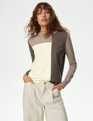 

Womens M&S Collection Supersoft Colour Block Crew Neck Jumper - Neutral, Neutral