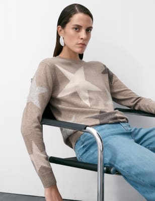 

Autograph Jersey 100% cashmere con escote cerrado y estampado de estrellasWomens - Neutral, Neutral