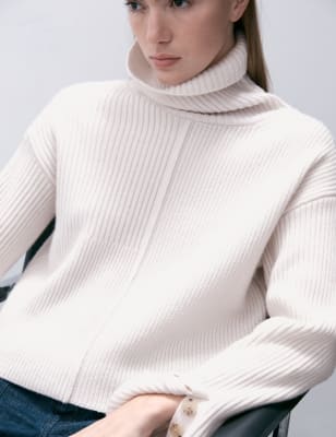 

Womens M&S Collection Wool Blend Ribbed Roll Neck Relaxed Jumper with Cashmere - Cream, Cream