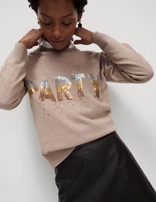 

Womens M&S Collection Soft Touch Sequin 'Party' Christmas Jumper, Cappuccino