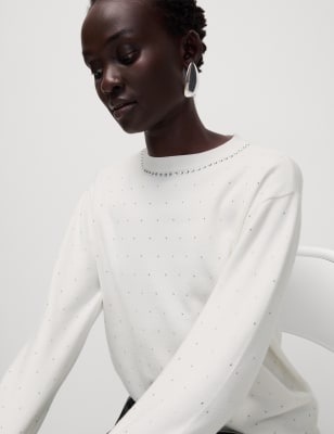 

Womens M&S Collection Soft Touch Embellished Crew Neck Jumper - Ivory, Ivory