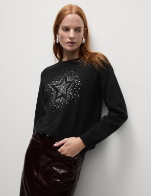 

Womens M&S Collection Soft Touch Star Crew Neck Jumper - Black, Black