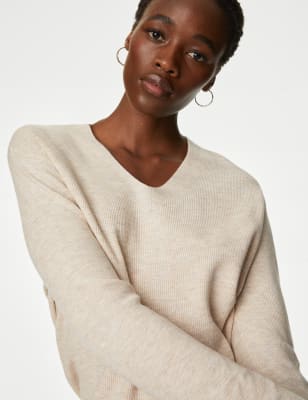 

Womens M&S Collection Soft Touch Ribbed V-Neck Jumper - Beige, Beige