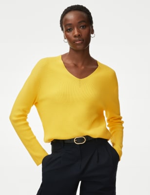 

Womens M&S Collection Gerippter Pullover aus weichem Material mit V-Ausschnitt - Sunshine, Sunshine