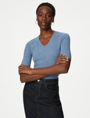 

Womens M&S Collection Weiches Strickoberteil mit V-Ausschnitt - Grey Blue, Grey Blue