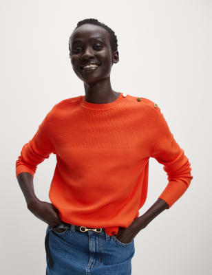 

Womens M&S Collection Soft Touch Crew Neck Button Detail Jumper - Bright Orange, Bright Orange