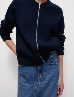 

Womens M&S Collection Knitted Textured Crew Neck Bomber Cardigan - Navy, Navy