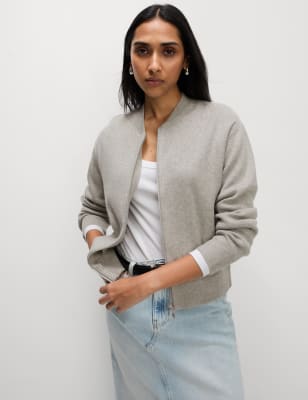 

Womens M&S Collection Bomberstrickjacke mit Rundhalsausschnitt und Strukturmuster - Grey, Grey