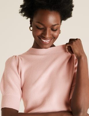 Soft Touch Knitted Puff Sleeve Top | NAVY | Tops | M&S RO