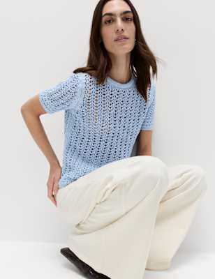 Womens M&S Cotton Rich Textured Knitted Top, Faded Blue