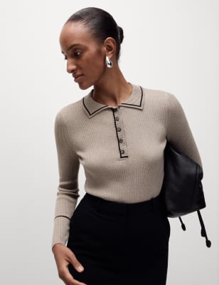 

Womens M&S Collection Ribbed Polo Neck Fitted Top - Mocha Mix, Mocha Mix