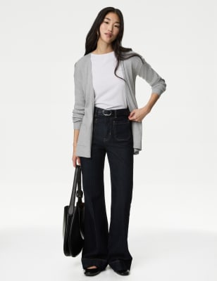 

Womens M&S Collection Lang geschnittene Rippenstrickjacke mit durchgehendem Kragen - Grey Marl, Grey Marl