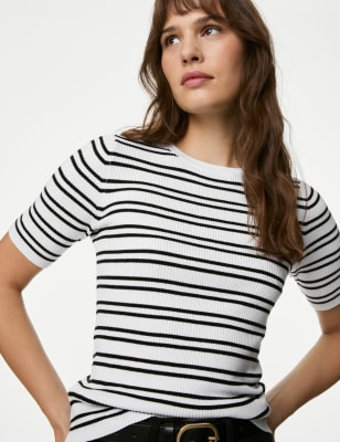 

Womens M&S Collection Striped Ribbed Crew Neck Knitted Top - White Mix, White Mix