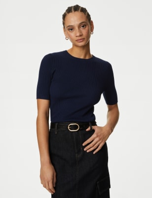 

Womens M&S Collection Ribbed Crew Neck Knitted Top - Navy, Navy