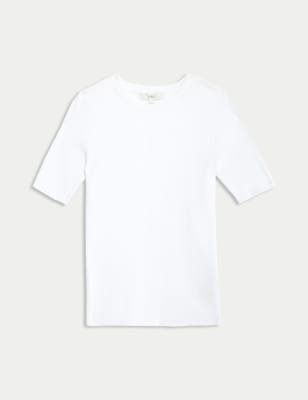 

Womens M&S Collection Strickoberteil mit Rundhalsausschnitt und Rippenmuster - Soft White, Soft White
