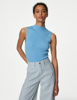 

Womens M&S Collection Strickweste mit Stehkragen und Rippenmuster - Sky Blue, Sky Blue