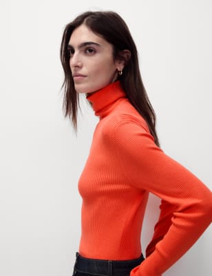 

Womens M&S Collection Ribbed Roll Neck Jumper - Bright Orange, Bright Orange