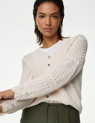 

Womens M&S Collection Pointelle-Strickjacke mit V-Ausschnitt - Ivory, Ivory